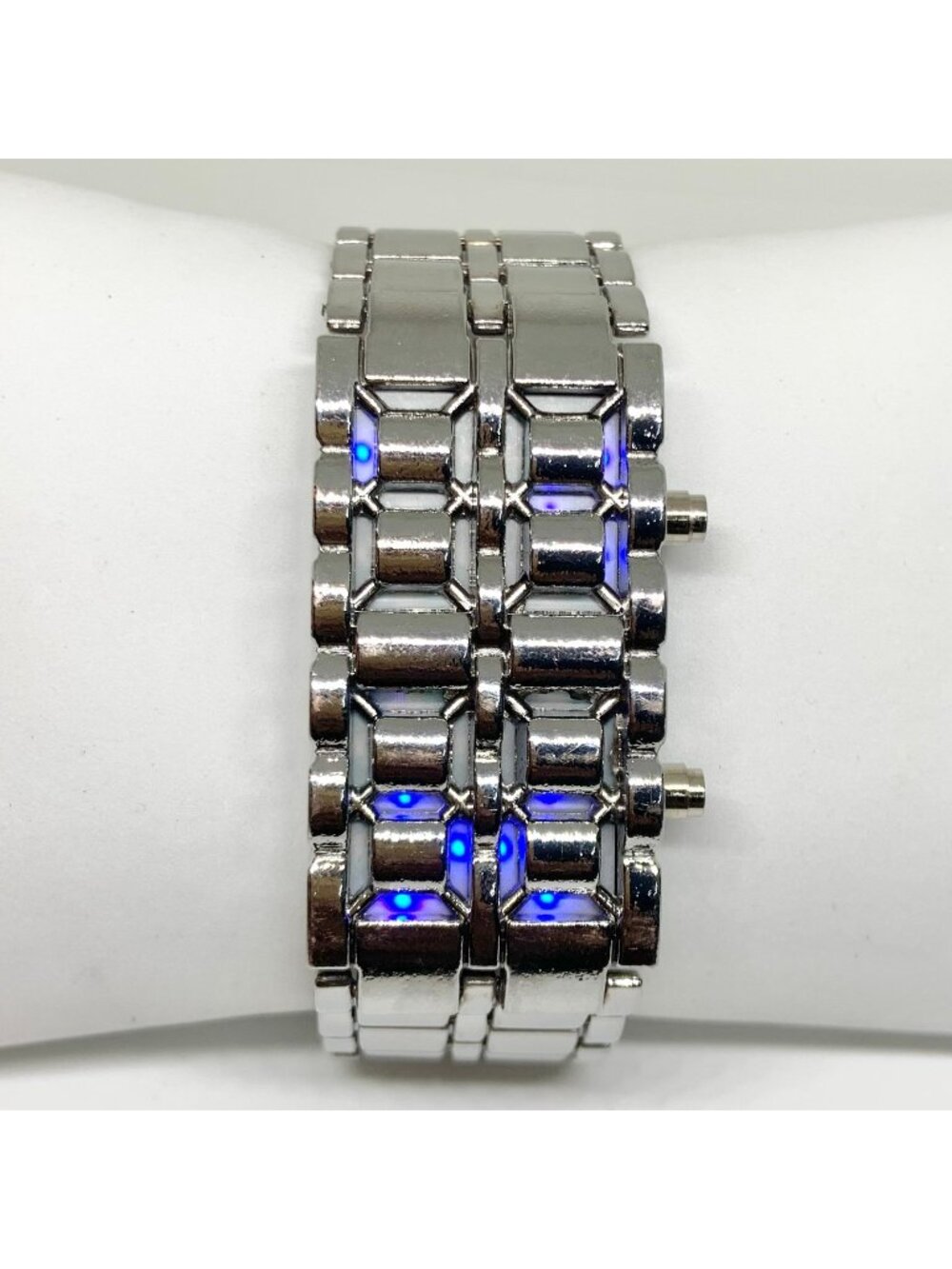 Blue LED Digital silver tone men’s Watch quartz 25mm band up to 8.5” running